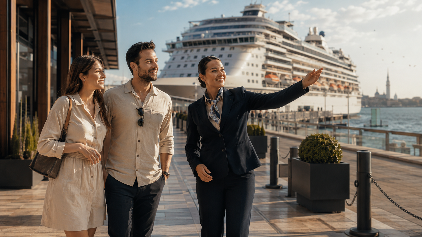 Cruise port route with ship and waterfront promenade